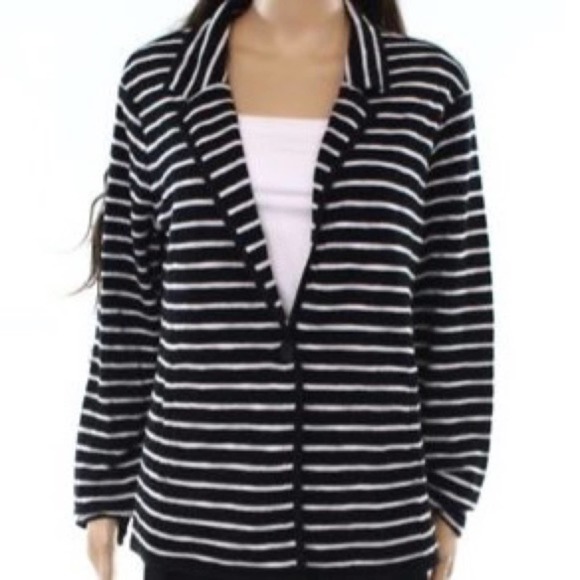 Caslon One-Button Knit Blazer 3/4 Sleeve Stretch Cardigan Black White Medium - Picture 1 of 8